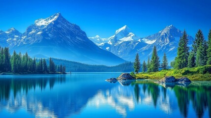 A serene mountain lake with snow-capped peaks reflected in the calm, clear water. Pine trees line the shore, and a few small, rocky islands dot the lake's surface. The sky is a deep blue, with a