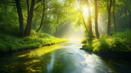 Fototapeta premium A quiet river winding through a dense forest, with tall trees and thick underbrush on either side. The water is clear and smooth, reflecting the green of the surrounding foliage. Sunlight filters