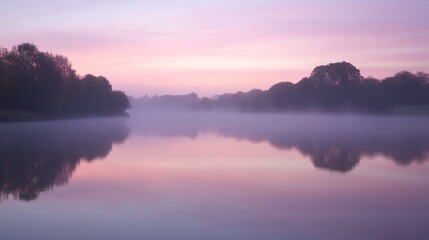 Obraz premium A serene lake at dawn, with a thin layer of mist hovering over the water. The surrounding trees are reflected in the calm surface of the lake, creating a mirror-like effect. The sky is a soft