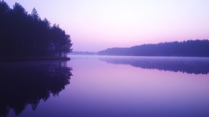 Obraz premium A serene lake at dawn, with a thin layer of mist hovering over the water. The surrounding trees are reflected in the calm surface of the lake, creating a mirror-like effect. The sky is a soft