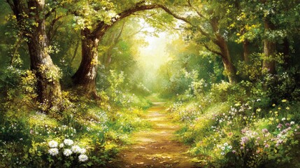 A tranquil forest path winding through tall, ancient trees with sunlight streaming through the canopy. The path is lined with ferns and wildflowers, and the ground is covered with a thick layer of