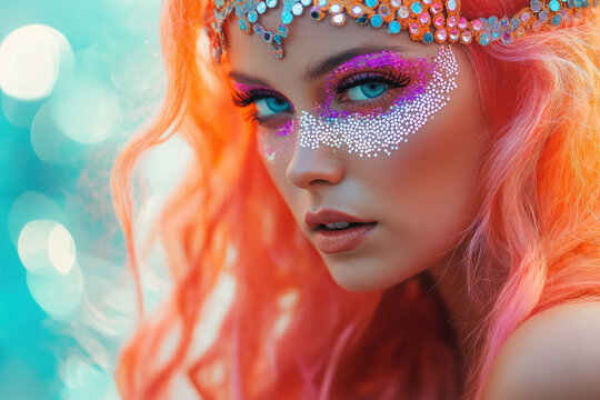 stunning portrait of young woman with fantasy mermaid makeup and vibrant hair colors