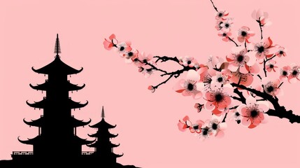 Silhouette of a pagoda with cherry blossom branches on a pink background.