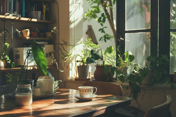 Fototapeta premium Cozy home interior with lots of potted flowers, nice sunlight on the wooden table. A Cup of tea on the table. 