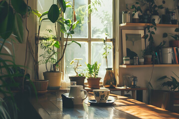 Cozy home interior with lots of potted flowers, nice sunlight on the wooden table. A Cup of tea on the table. 