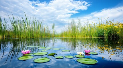 A serene pond surrounded by tall grasses and wildflowers, with lily pads floating on the water's surface. The pond is calm and still, reflecting the blue sky and white clouds above. The background