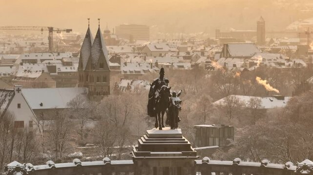 Monument of Kaiser Wilhelm I the First, Close Up Aerial Shot in Koblenz covered with Snow, Germany, Rheinland-Pfalz. 