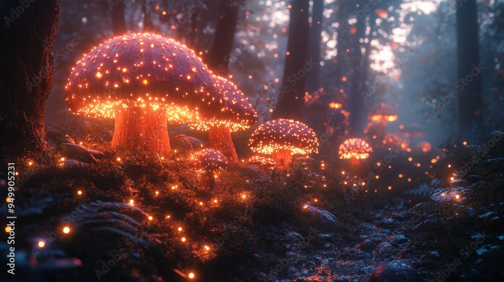 Poster mystical glowing mushrooms light the forest trail at twilight, creating an enchanting and otherworld