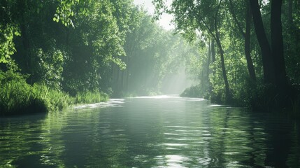 A peaceful river winding through a dense forest, with tall trees and thick underbrush on either side. The water is clear and smooth, reflecting the green of the surrounding foliage. Sunlight filters