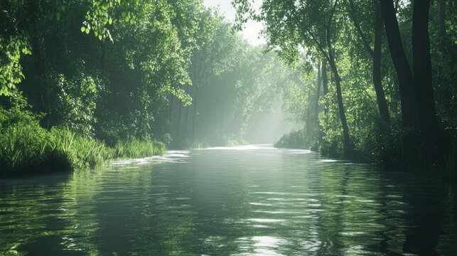 A peaceful river winding through a dense forest, with tall trees and thick underbrush on either side. The water is clear and smooth, reflecting the green of the surrounding foliage. Sunlight filters