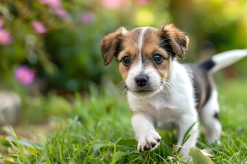 A small golden retriever puppy energetically runs on the road, capturing the essence of playfulness and innocence. A playful puppy chasing its tail, AI generated