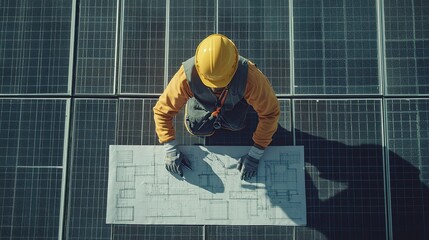Top view of architectural engineering working on solar panels and his blueprints with Solar photovoltaic equipment on construction site. meeting, discussing, designing, planning, generative ai