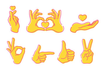 Hands with gestures OK, peace sign, thumb up, pointing index finger. Cupped hands, hand holding heart. Line icons. Vector illustration