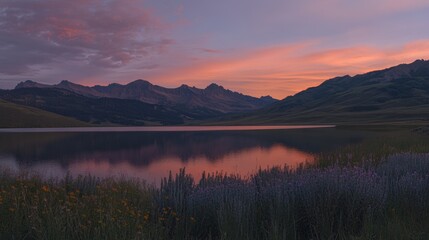 Fototapeta premium A tranquil mountain lake at sunset, with the sky ablaze with shades of orange, pink, and purple. The lake is calm and still, reflecting the vibrant colors of the sky and the surrounding mountains.