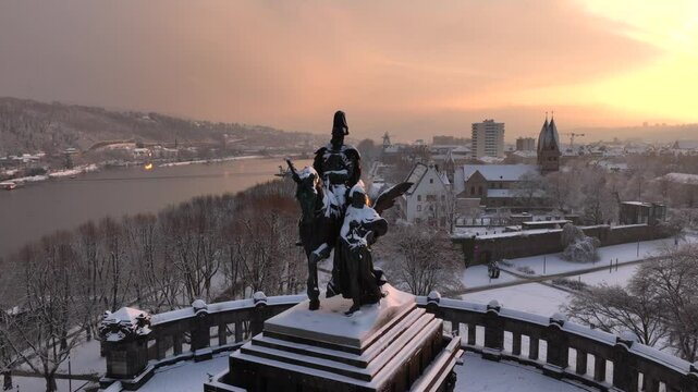 Monument of Kaiser Wilhelm I the First, Close Up Aerial Shot in Koblenz covered with Snow, Germany, Rheinland-Pfalz. 
