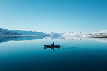 Naklejka premium In a serene drone view, an Inuit man rows on a calm Icelandic lake, surrounded by snow-covered mountains and a clear blue sky, with the reflection perfectly mirrored in the water