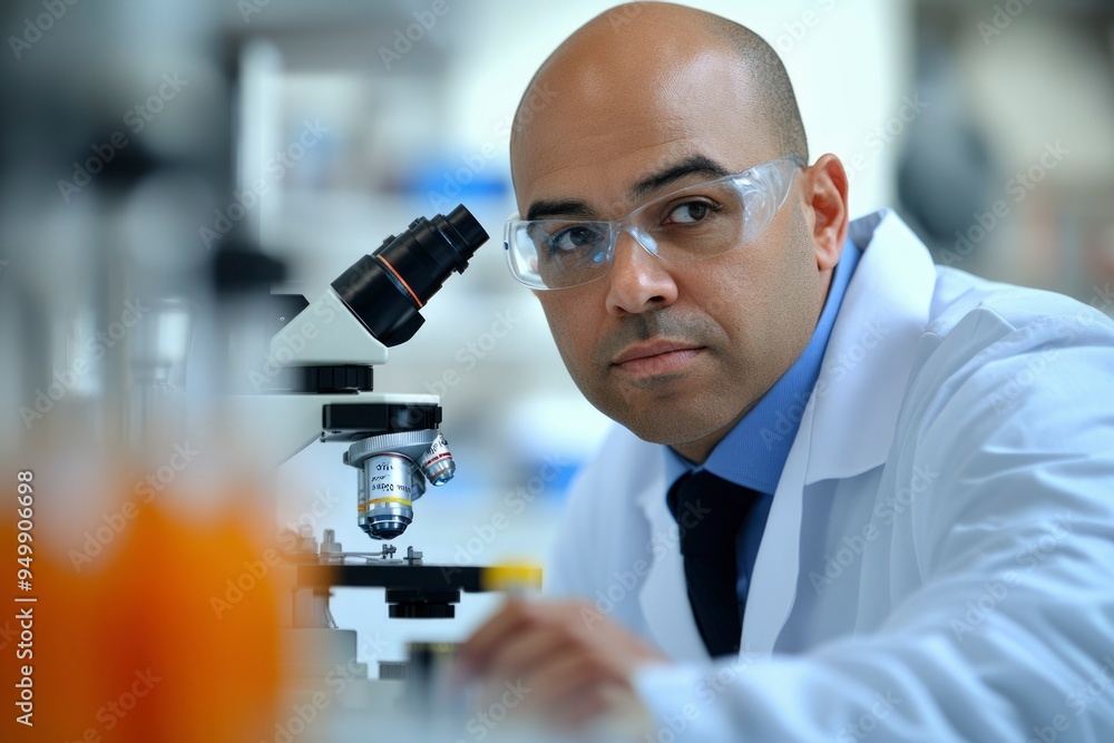 Poster bald scientist in a lab coat using a microscope