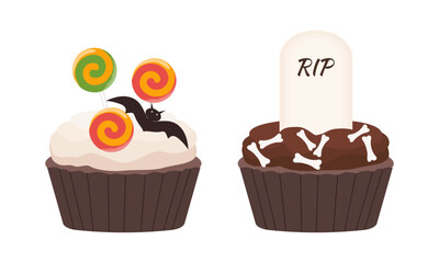 Set of halloween cupcakes on transparent and white background. Chocolate cupcake with chocolate cream, bones and tombstone with text. Cupcake with white cream, candies and bat. Isolated vector.
