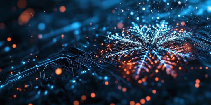 Blue and orange glowing snowflake appearing on circuit board