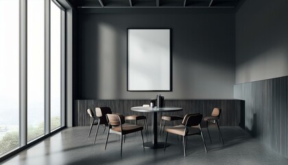 Black cafeteria interior with chairs and dining tables, window. Mockup frame