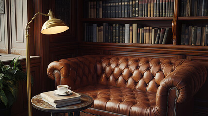 A cozy corner in a vintage library, showcasing a tufted leather sofa, a brass floor lamp, and a side table with a stack of old books and a teacup