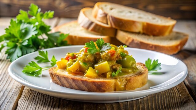 A close-up shot of picalilli on a white porcelain plate, with a sprinkle of fresh parsley and a golden-brown toasted bread slice in the background.