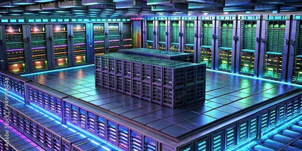 Poster high-tech data center server racks neon lights advanced storage systems