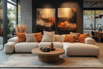 Modern living room with large sofa, coffee table, cushions, and artwork