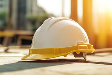 yellow and white hard safety wear helmet hat in the project at construction site building on concrete floor on city with sunlight. helmet for workman as engineer or worker. generative ai
