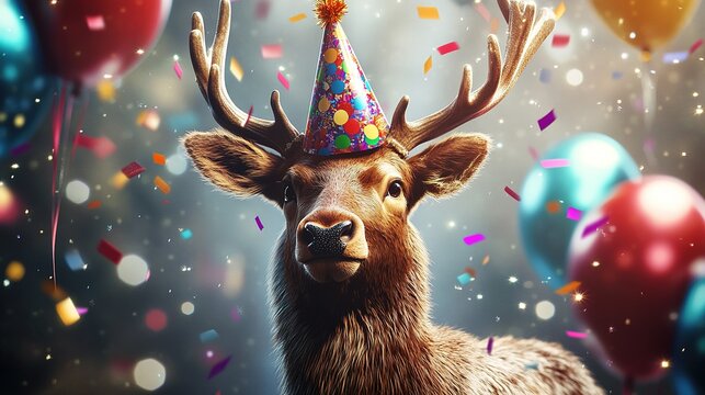 Happy Cute Animal Elk Wearing a Clown Hat, Celebrating New Year Celebration or Fancy Birthday Party, Lots of Balloons with Shiny Ribbons.
