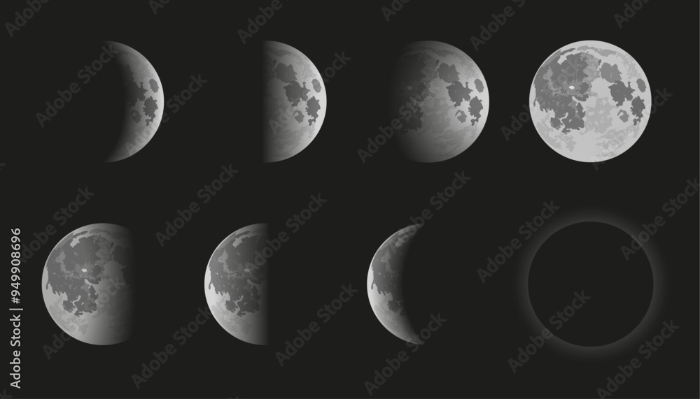 Wall mural moon phases vector illustration on black background, eight moon shapes from full moon to lunar eclip