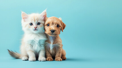 Obraz premium kitten and a puppy sitting together with cute expressions The soft pastel blue background.