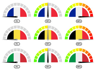 Obraz premium france, belgium and italy flags percentage speedometer icon set. vector illustration isolated on white background