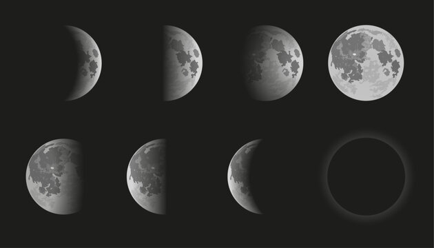 moon phases vector illustration on black background, eight moon shapes from full moon to lunar eclipse