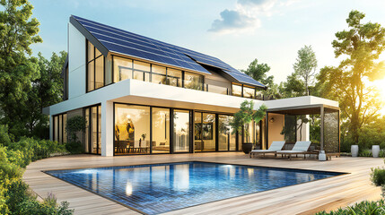 Private Luxury villa with terrace and swimming pool. Exterior of beautiful modern house with solar panels on roof. 