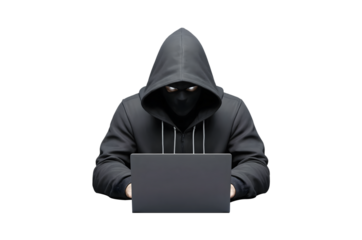 Hooded Hacker Typing on a Laptop with a Transparent Background