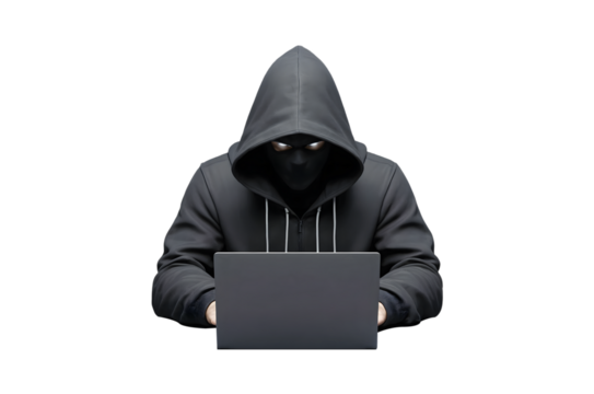 Hooded Hacker Typing on a Laptop with a Transparent Background