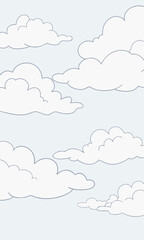 A cartoon of fluffy white clouds in a bright blue sky