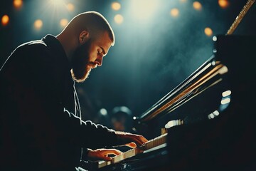Fototapeta premium A Man Plays the Piano Under Soft Lighting