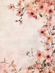 Vintage Pink Floral Background with Delicate Blossoms and Foliage on Textured Canvas.
