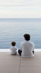 Fototapeta premium A father and son are relaxed together on a yacht, enjoying the calm waters and bright sunlight of a perfect summer day, creating lasting memories.