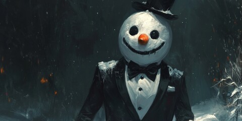 Fototapeta premium Sinister snowman wearing a tuxedo in a dark forest