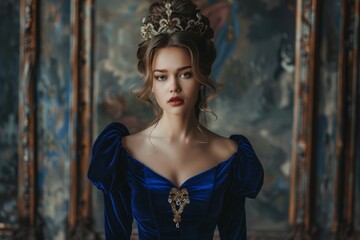 Fototapeta premium A lovely woman dressed in blue sits on a majestic throne, radiating beauty and sophistication. A regal lady model in a royal blue velvet dress and a crown, AI generated