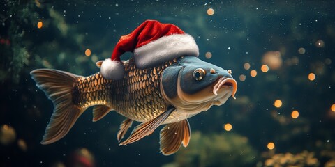 Big fish wearing santa claus hat swimming in aquarium