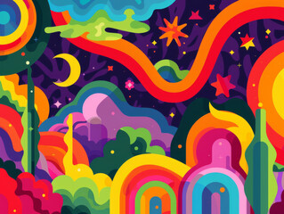 Ai Generated Abstract Funky Groovy 2D Flat Psychodelic Magical Forest Lines and Shapes in Blue Purple Yellow Pink Blue Rainbow Colors