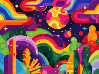 Ai Generated Art Abstract Funky 2D Flat Psychodelic  Magical Forest Background in Purple Yellow Pink Blue Rainbow Bright Colors