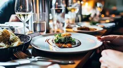 A chef carefully adds a vibrant garnish to an elegantly plated dish, displaying artistry and skill in a refined dining environment that emphasizes culinary excellence