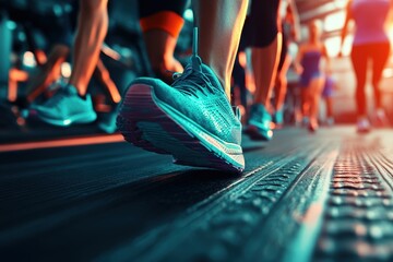 Focused view of running shoes as individuals walk and run on treadmills in a well-lit gym environment, capturing the essence of fitness and daily exercise routine.