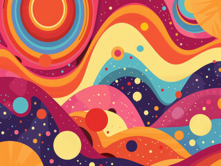 Ai Generated Abstract Funky Groovy 2D Flat Psychodelic Magical Lines and Shapes in Blue Purple Yellow Pink Blue Rainbow Colors