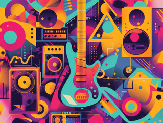 Ai Generated Art Abstract Funky 2D Flat Psychodelic Music Disco Background in Purple Yellow Pink Blue Rainbow Bright Colors